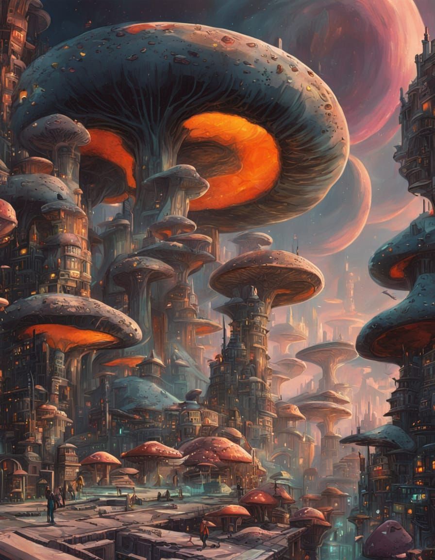 futuristic city with a lot of mushroom
