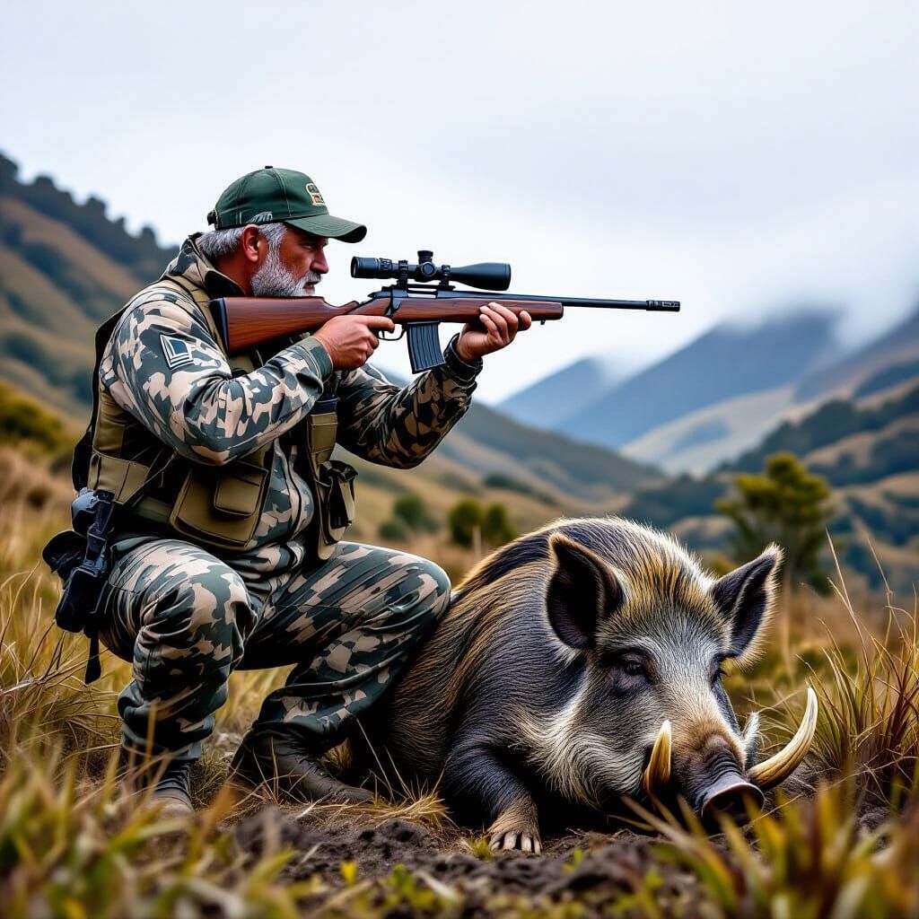 Maori Hunter with Wild Boar in Rugged Terrain