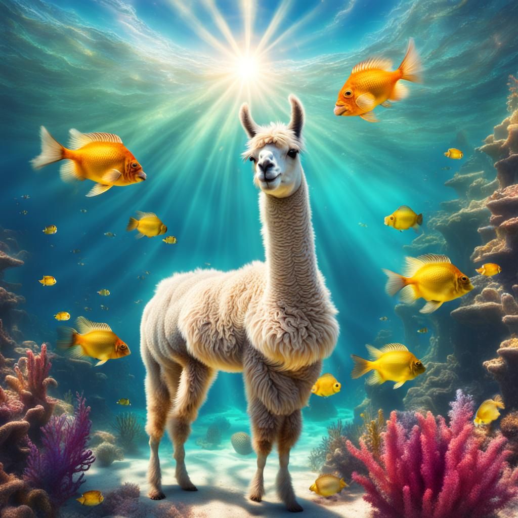 Llama in Underwater Atlantis with Sea Life