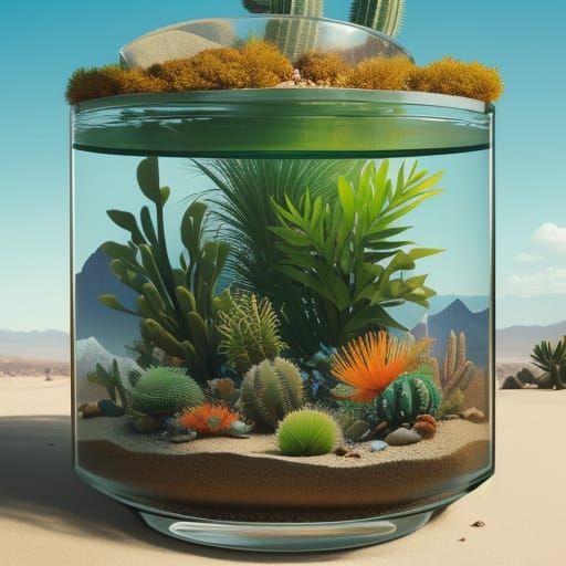 A big tropical fish glass aquarium nestled within a cactus in the Mojave desert. Georgia O'Keeffe
