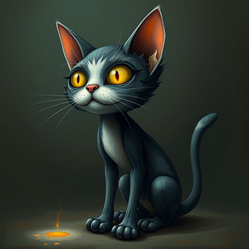 Surreal Whimsy Cat Character with Dark, Muted Realism