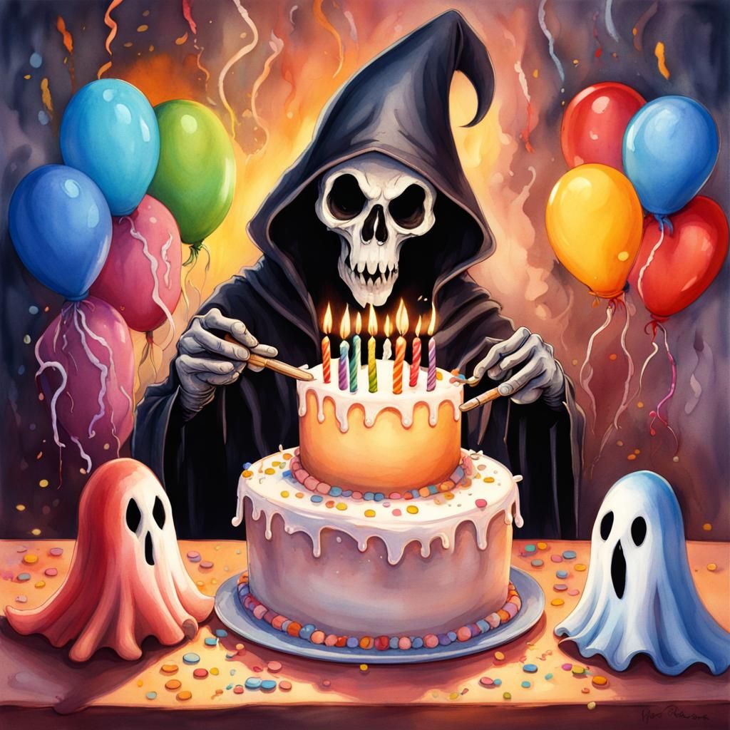 Bashful Grim Reaper's Birthday in Watercolour Style