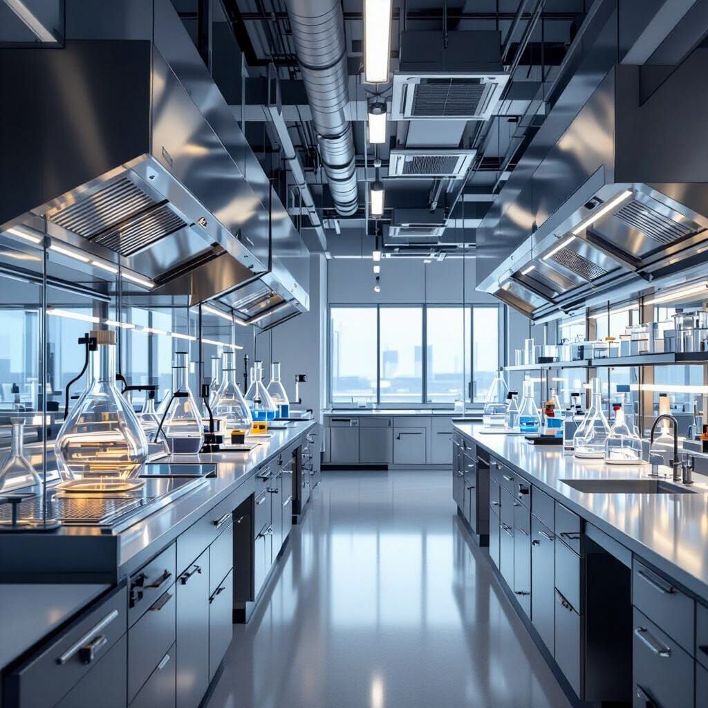 Sleek Modern Lab Interior with Fume Hoods