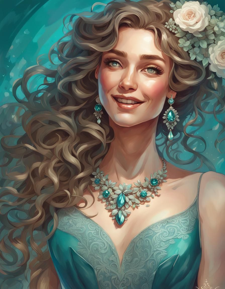 Radiant Bride in Teal Gown: Hyperdetailed Portrait