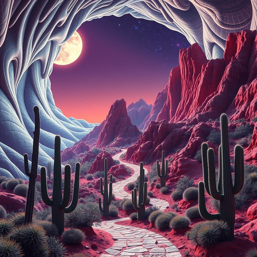 Surreal Desert Dreamscape with Fractal Waves and Cacti
