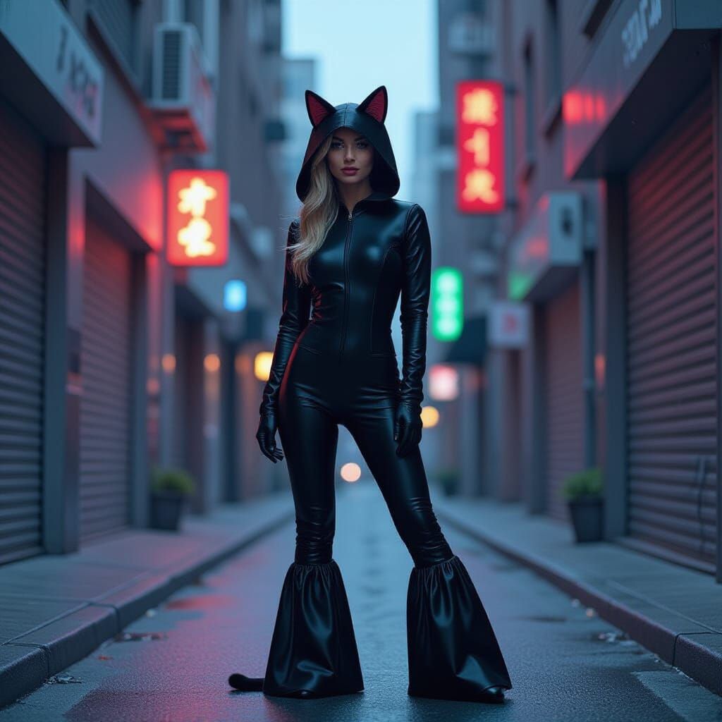 Woman in Cat Costume in Futuristic Neon Alley