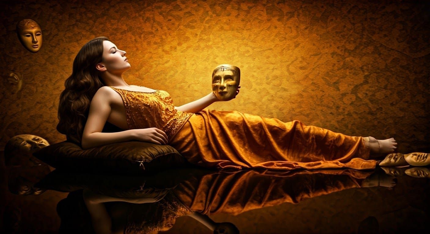 Woman in Saffron Drapery Contemplates Golden Masks