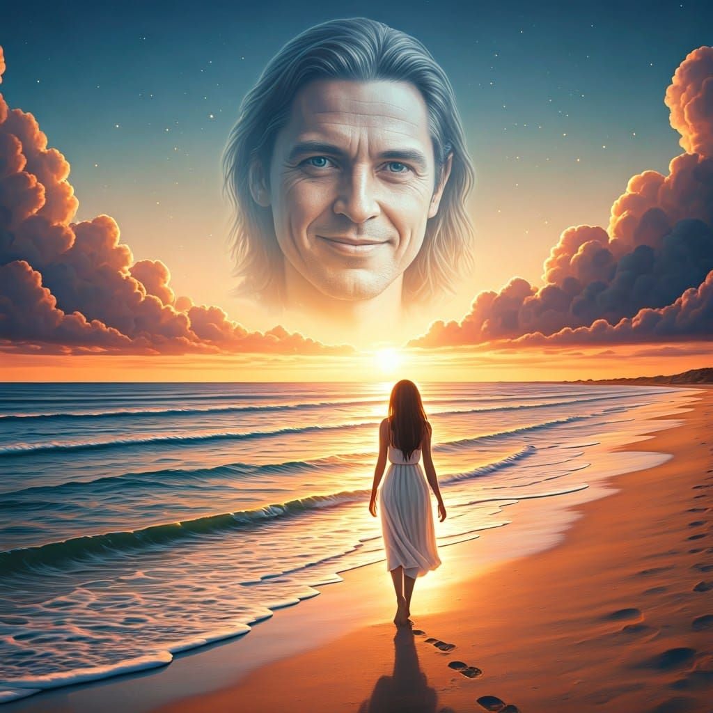 Serenely Walking the Sunset Beach in Golden Light