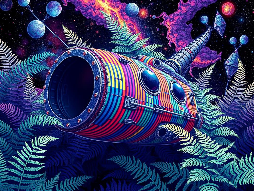 Vibrant Gingham Spaceship in Deep Space Abstraction