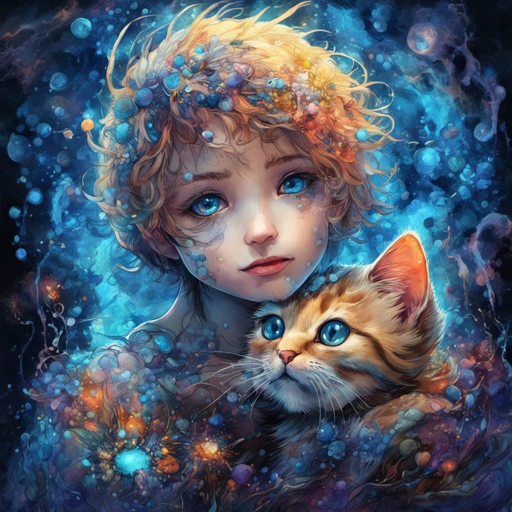 Blueberry Kitten Fantasy in Alcohol Ink Style