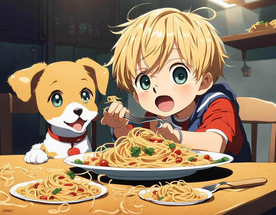 Child Enjoying Pasta with Dog in Anime Style