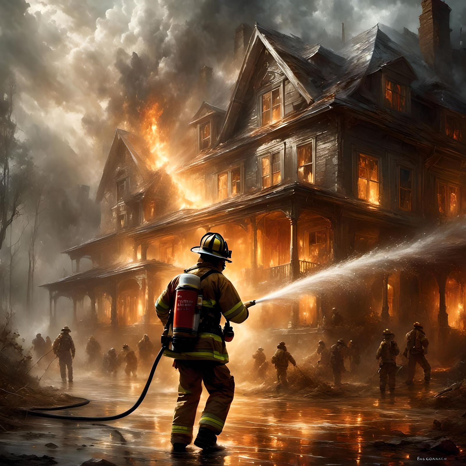 Heroic Firefighter Battling Blazing Inferno
