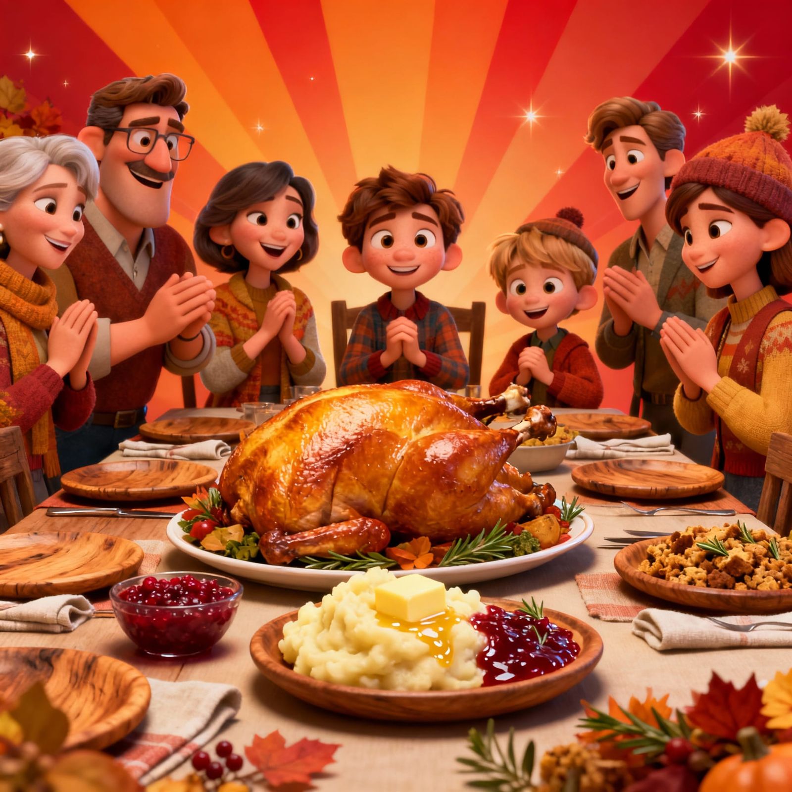 Pixar Style Thanksgiving Feast with Joyful Characters