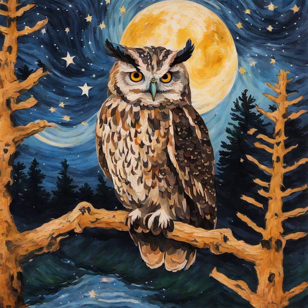 Owl Portrait in Expressionist Van Gogh Style