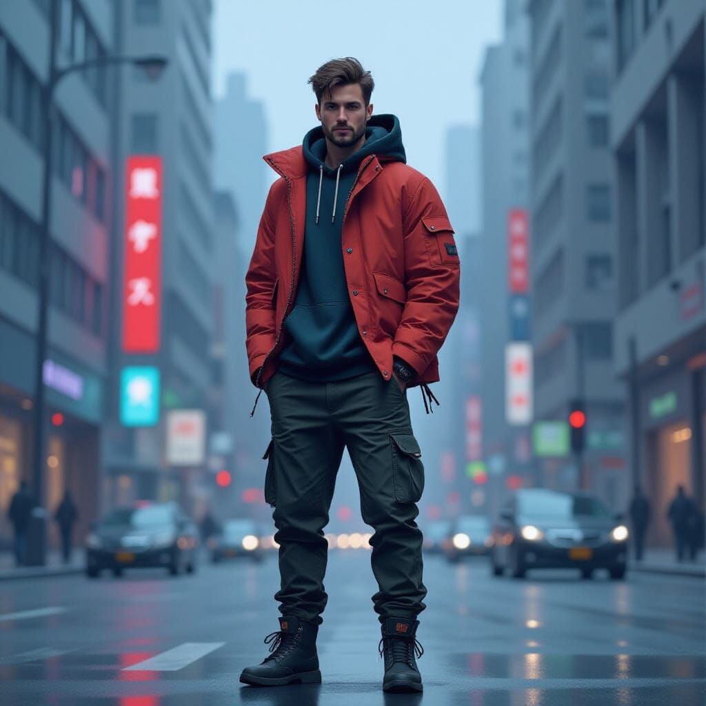 Man in Cityscape with Digital Painting Style