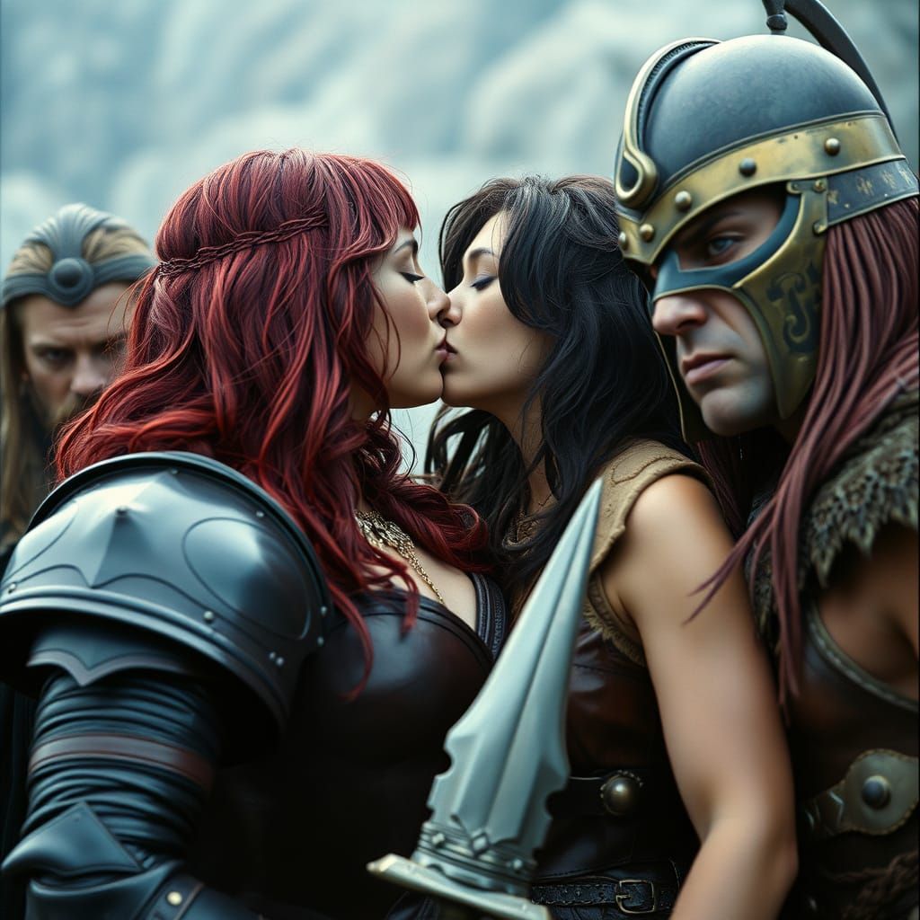 Red Sonja's Love Triangle: A Cinematic Film Still