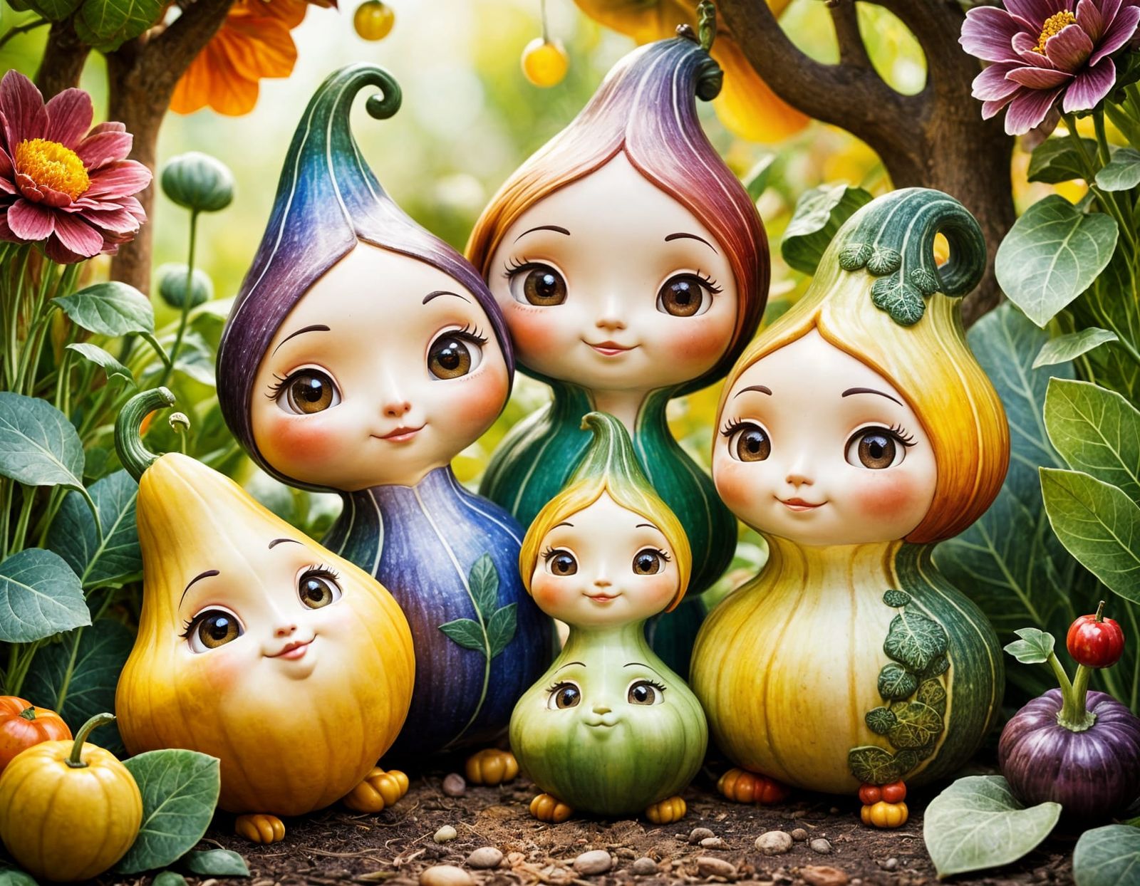 Adorable Chibi Gourd Family in Fall Garden