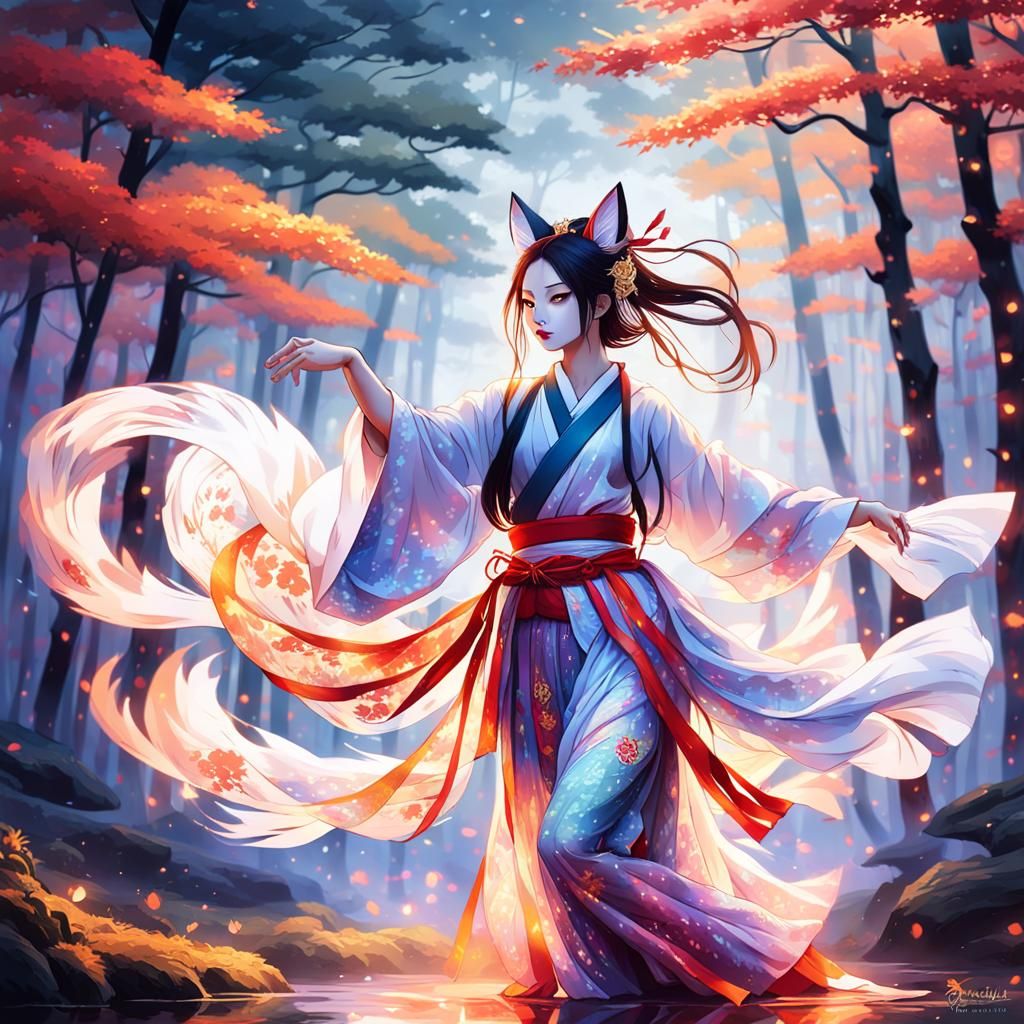 Captivating Kitsune Dancer in Misty Forest