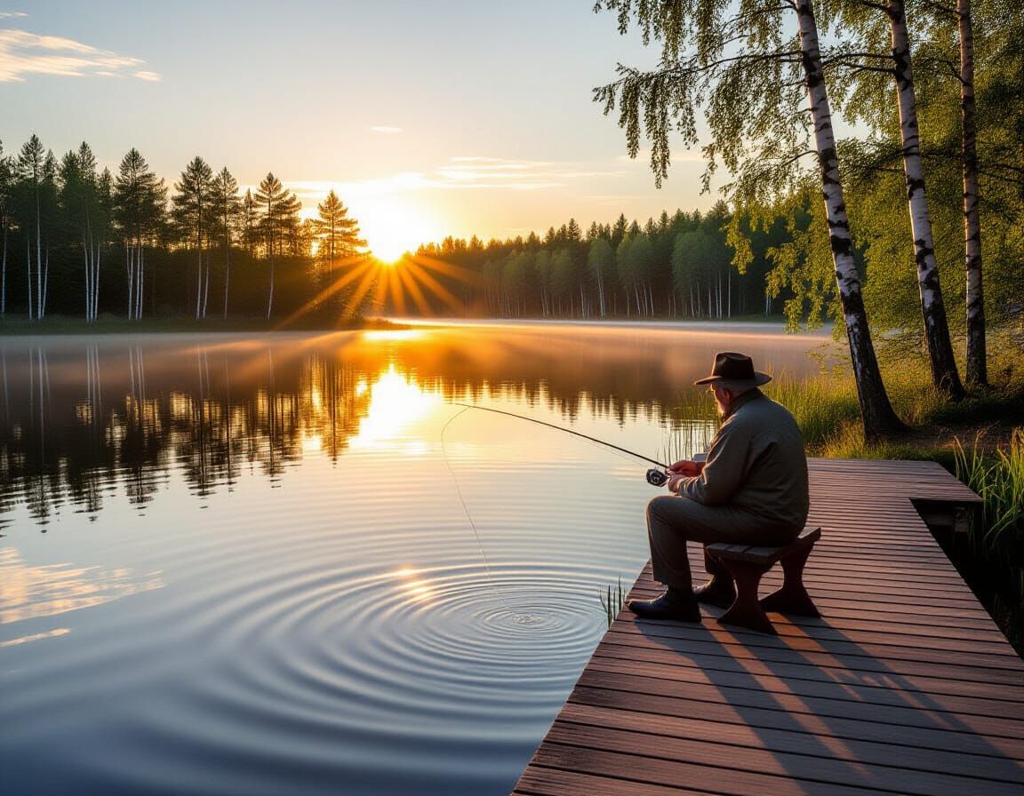 Sunset Over Fiery Mountain Lake with Fisherman