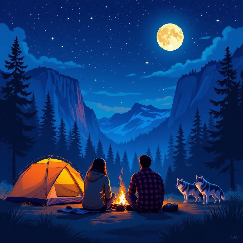 Couple Camping Under Starry Sky with Wolves