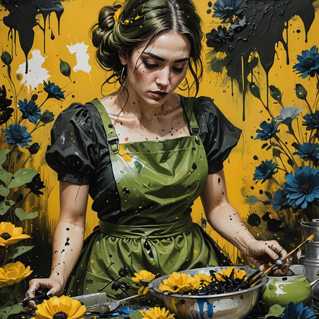 Woman Painting Flowers in Fantasy Art Style