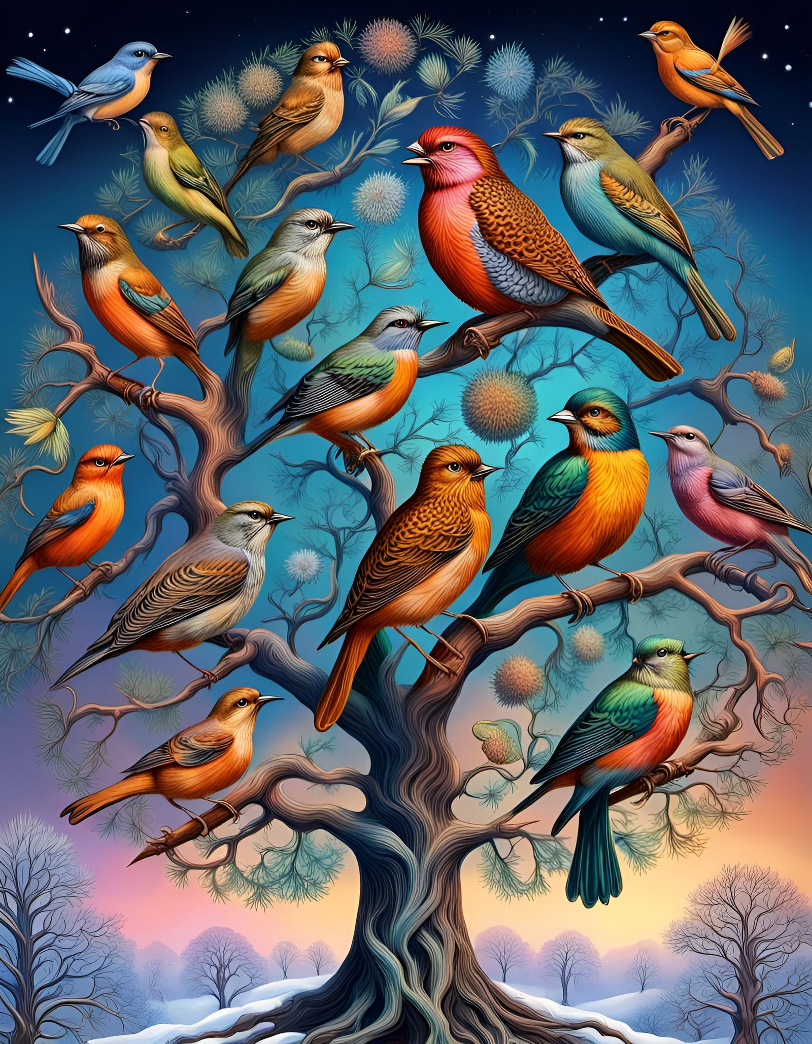 Songbirds in Winter Tree: Hyperdetailed Colorful Illustratio...