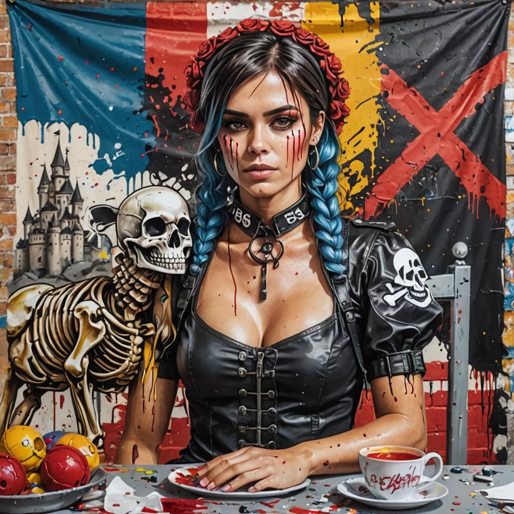 Woman in Uniform with Skull Flag, Graffiti Art
