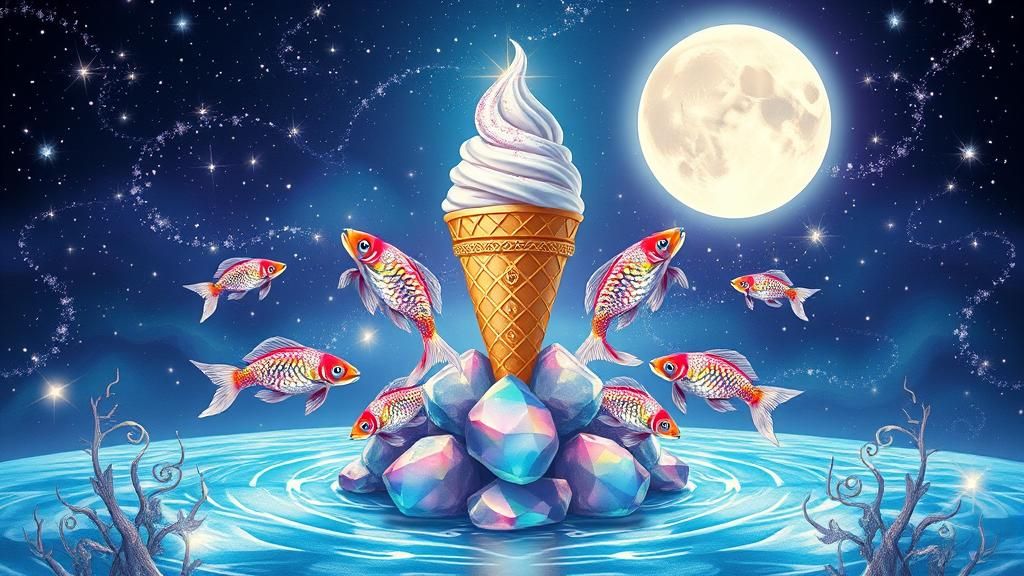Dreamlike Whimsy: Celestial Fish and Glittering Ice Cream