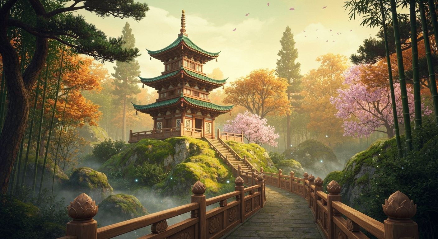 Asian Pagoda in Autumn Light, Ghibli Style