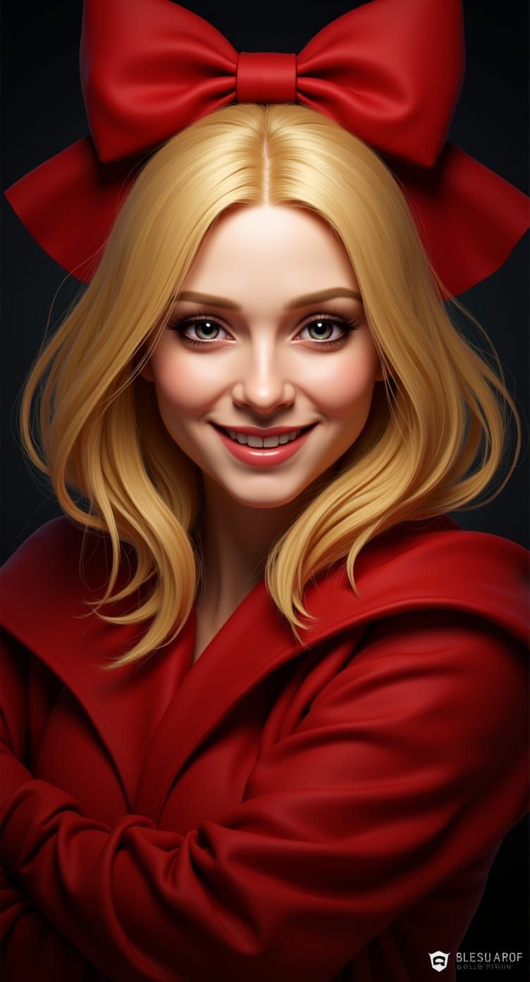 Smiling Blonde Woman in Red Bow, Art Nouveau Style