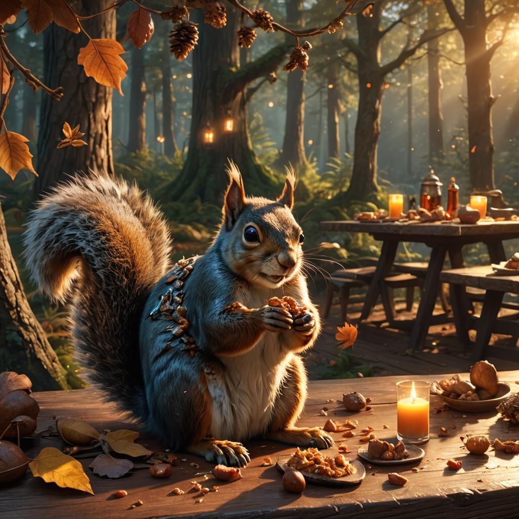 Squirrel at Table in Forest: Matte Painting