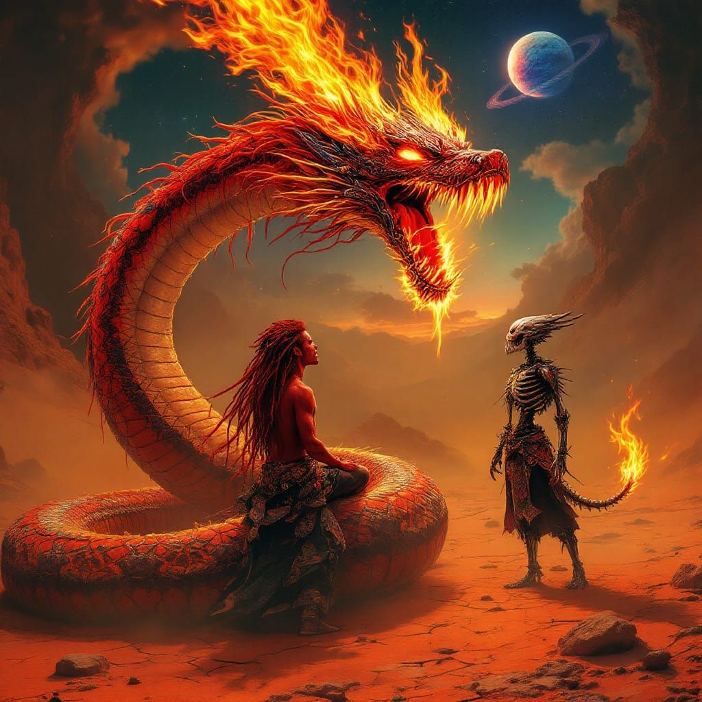 Genie and Serpent Amidst Fiery Desert Landscape