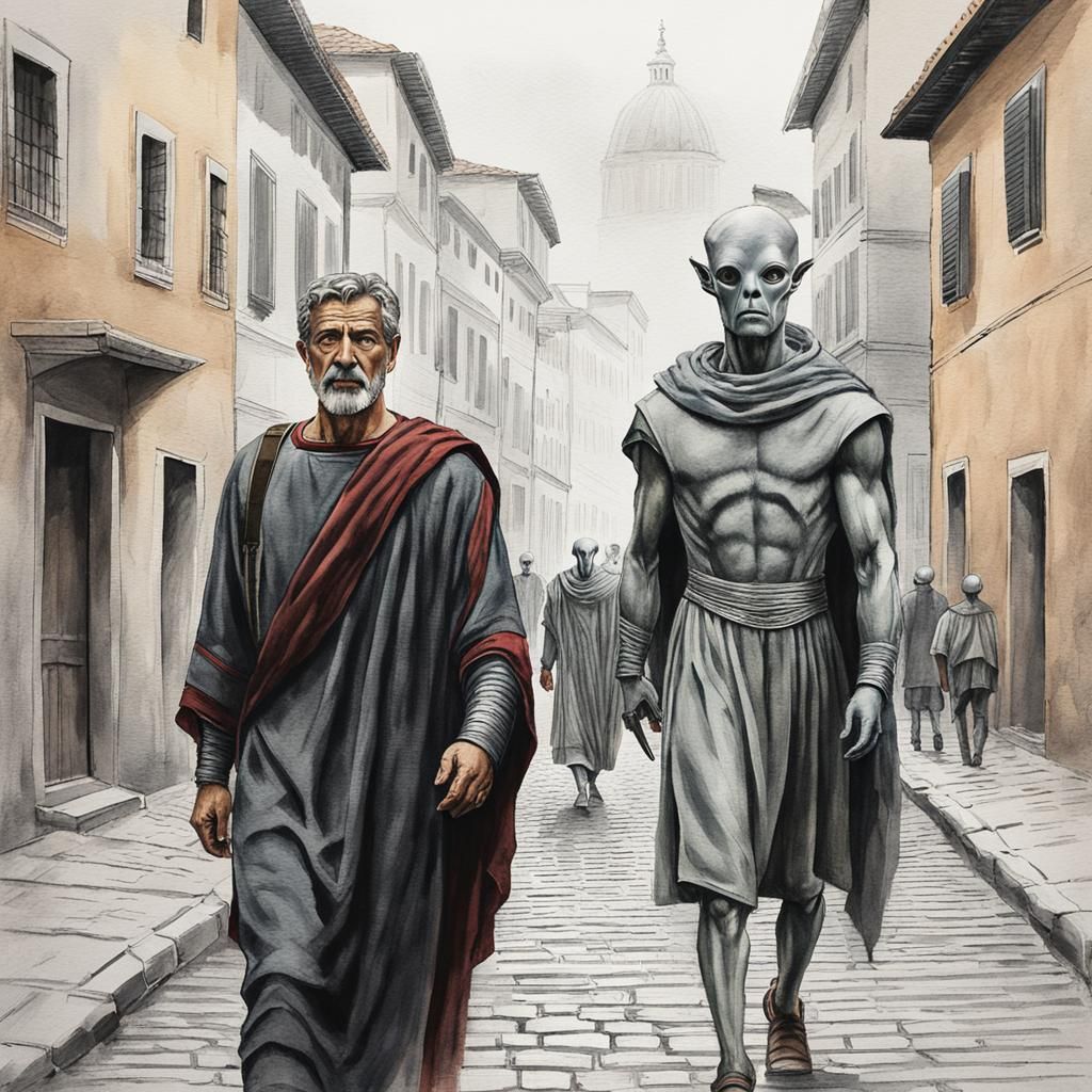 Roman Man and Alien Walking in Watercolor Style