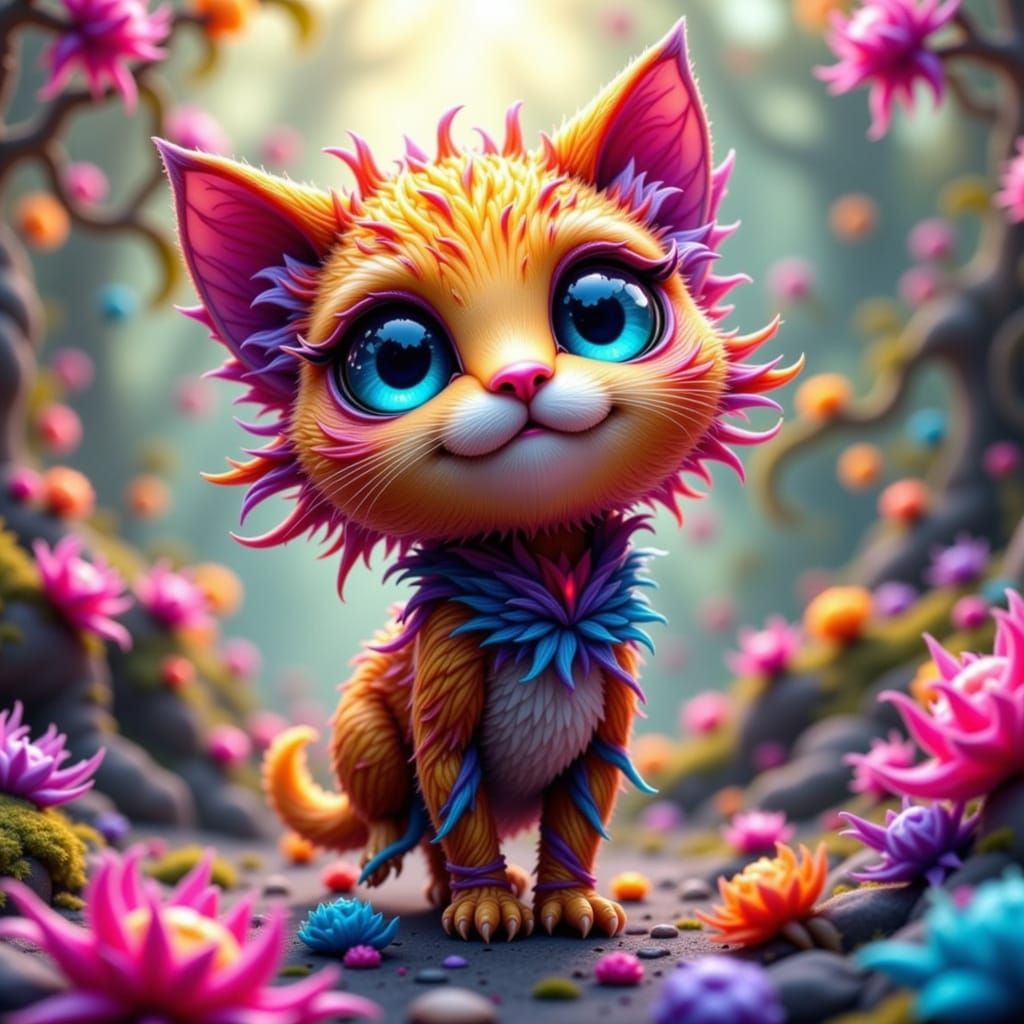 Whimsical Chibi Cat Made of Yarn in Oil Painting Style