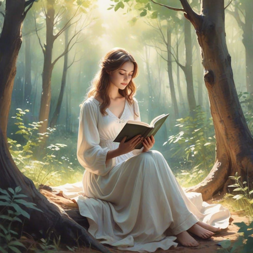 Whimsical Forest Reader in Watercolor Style