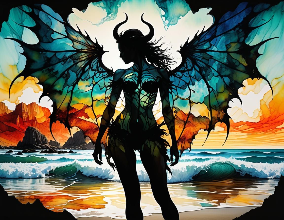 Demon Girl Silhouette in Double Exposure Landscape