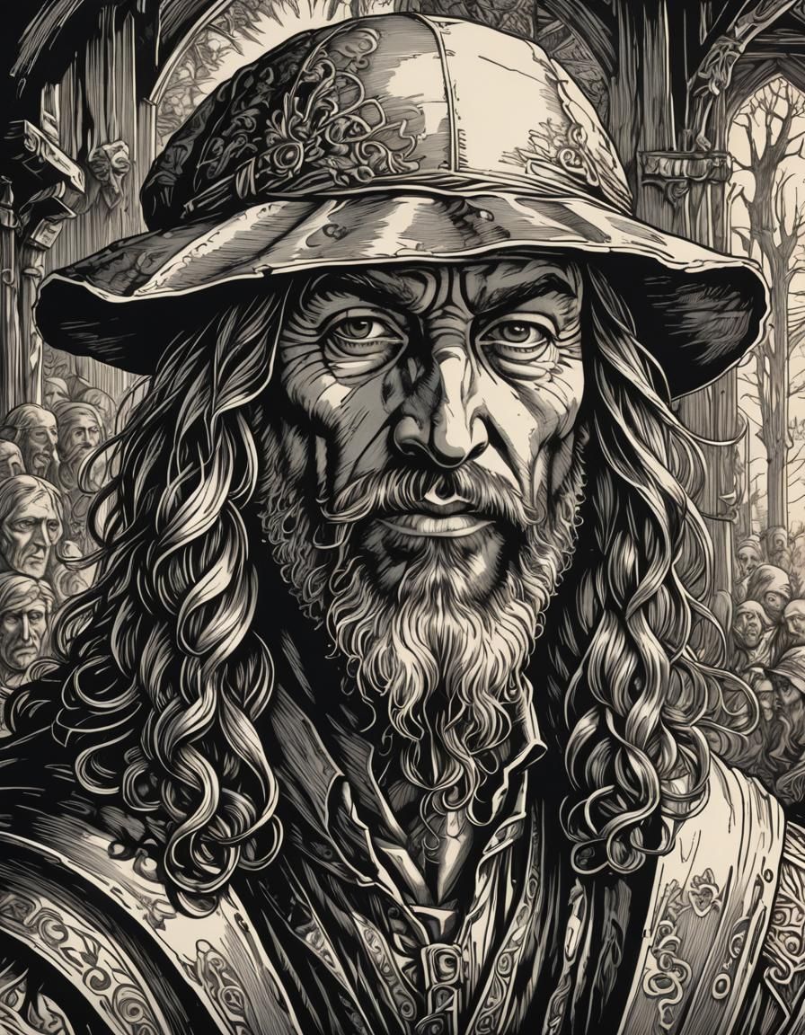 Monochrome Woodcut Self-Portrait in Durer Style