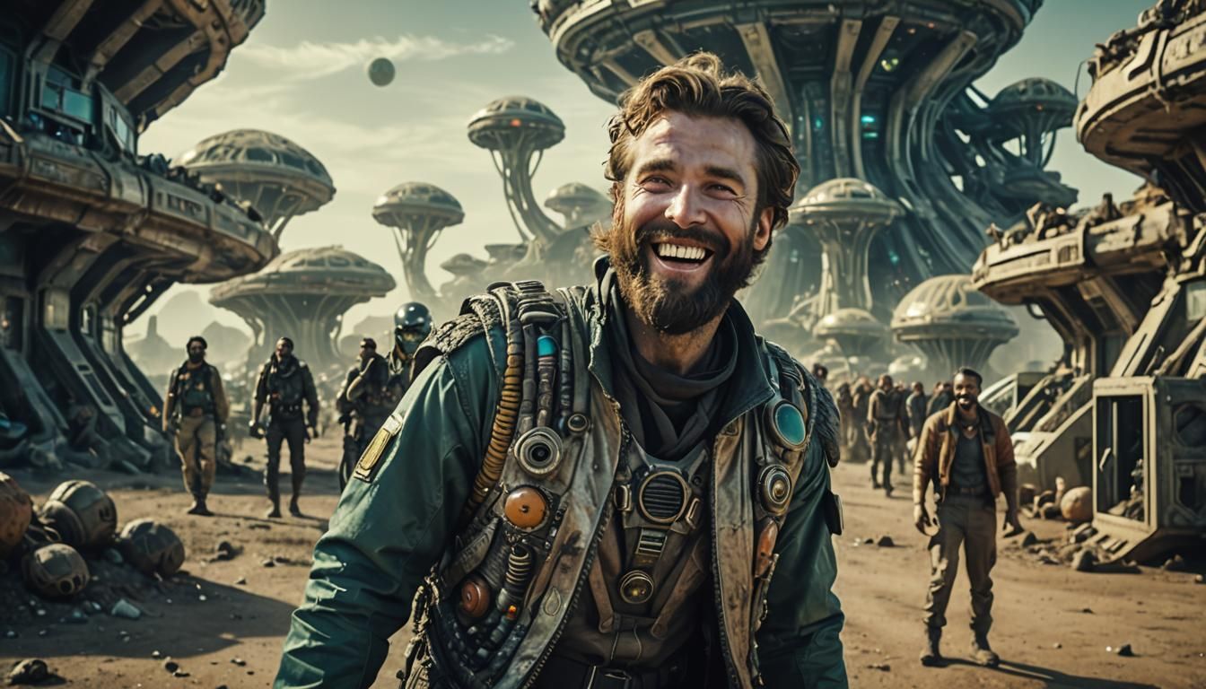 Laughing Man in Alien City: Cinematic Film Still