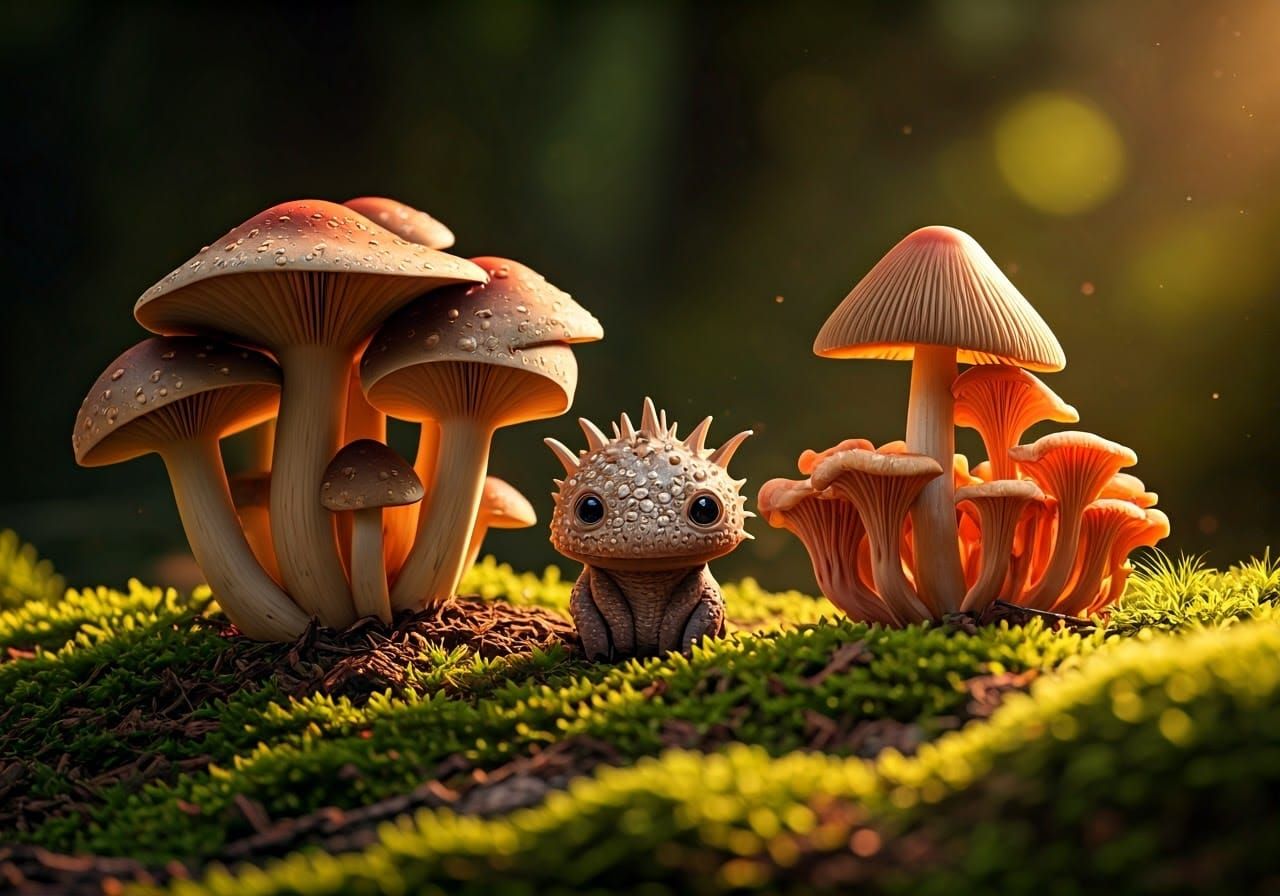 Enchanted Forest Creature with Mushrooms in Realistic Style