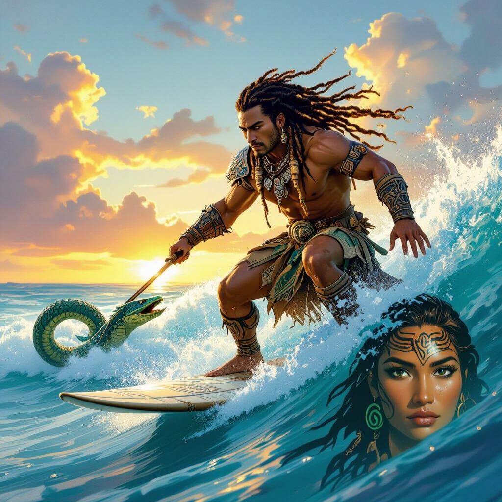 Maori Warrior Surfing with Sea Serpent in Sunset