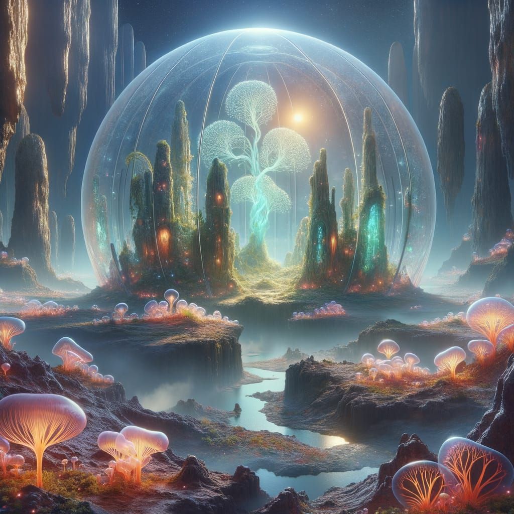 Glass Dome Encasing Alien Ecosystem on Distant Moon