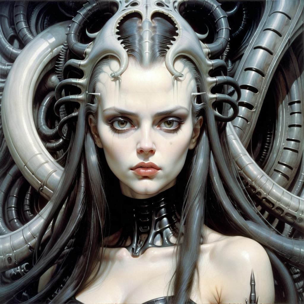 Woman with Long Hair in Dark Surrealism Style