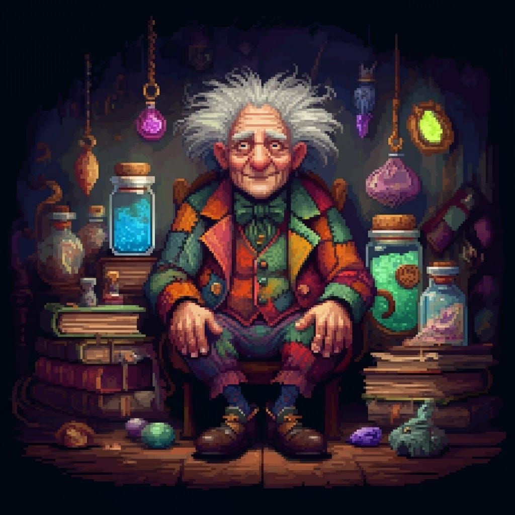 Whimsical Potion Master in 8-bit Pixel Art