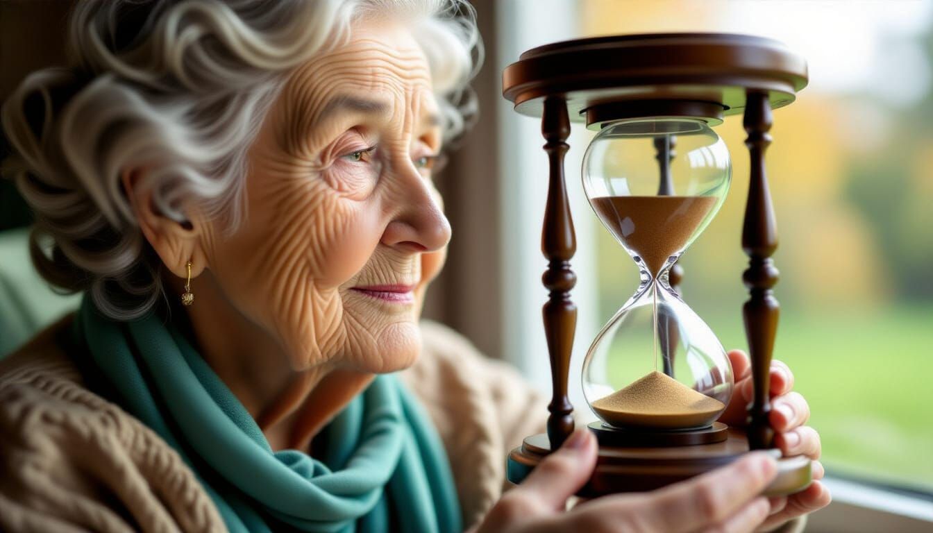 Elderly Woman Gazes at Intricate Hourglass