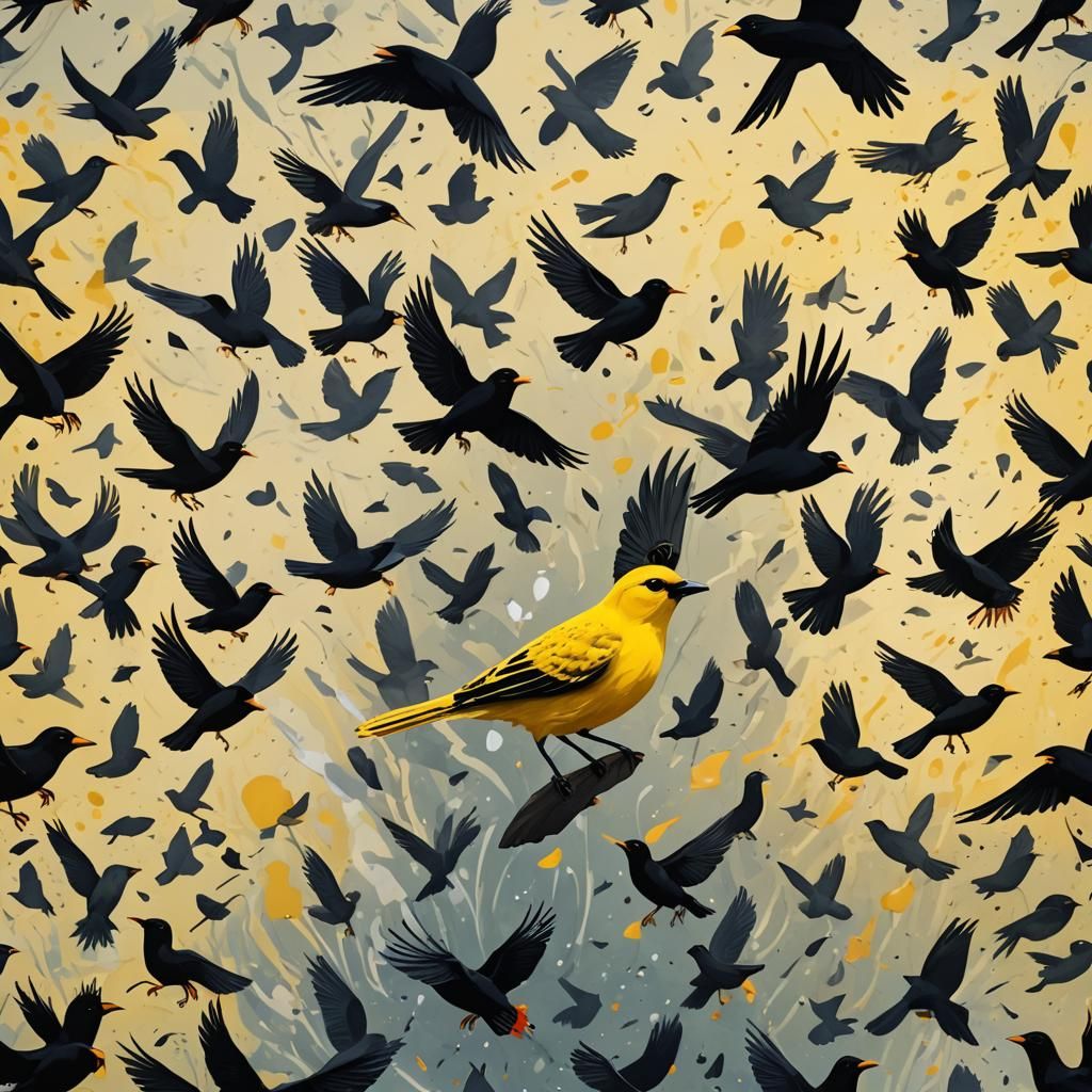 Yellow Bird Among Black Birds by the Ocean