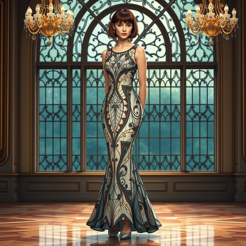Art Nouveau Woman in Crystal Stained Glass Dress
