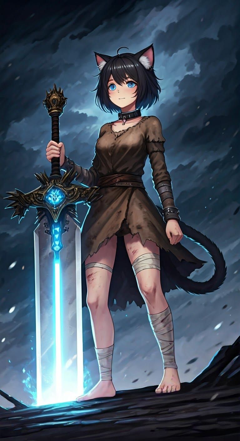 Fantasy Anime Catgirl Warrior in Windswept Battle Scene