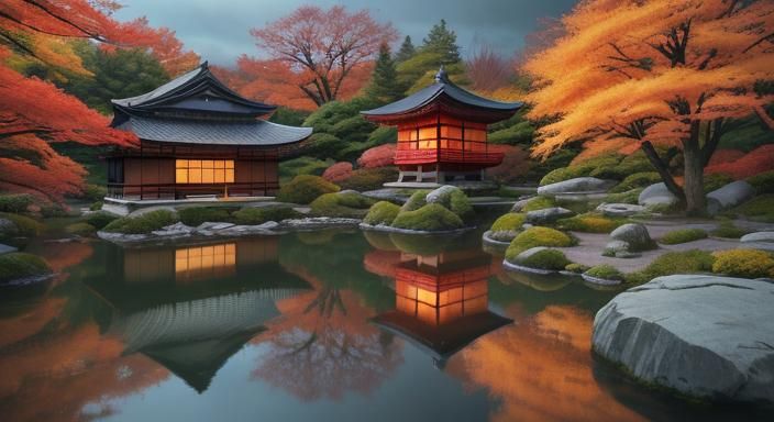 Serene Autumn Japanese Garden in Cinematic Style