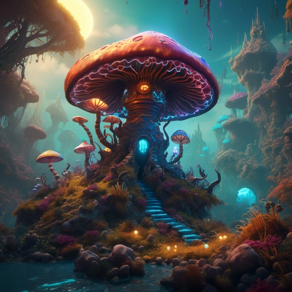 Trippy Worm on Bioluminescent Mushroom in Crazy Land