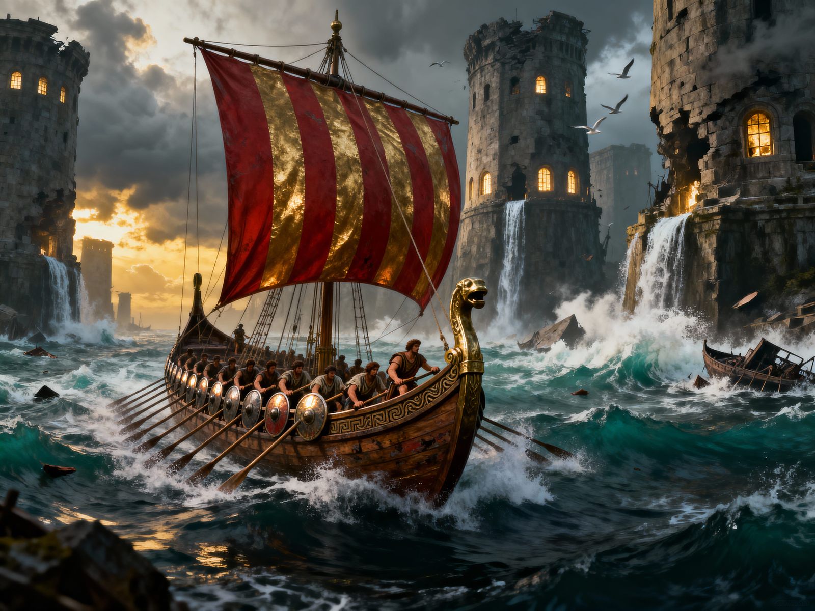 Ancient Trireme Battles Stormy Seas in Surreal Cityscape